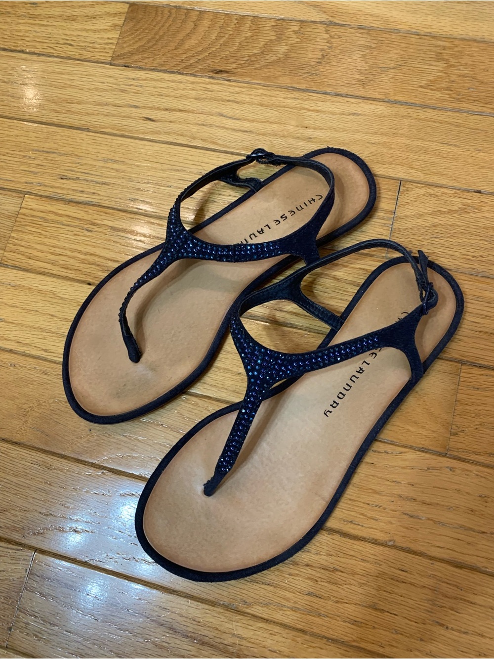 Chinese Laundry Navy Rhinestone T-Strap Sandals